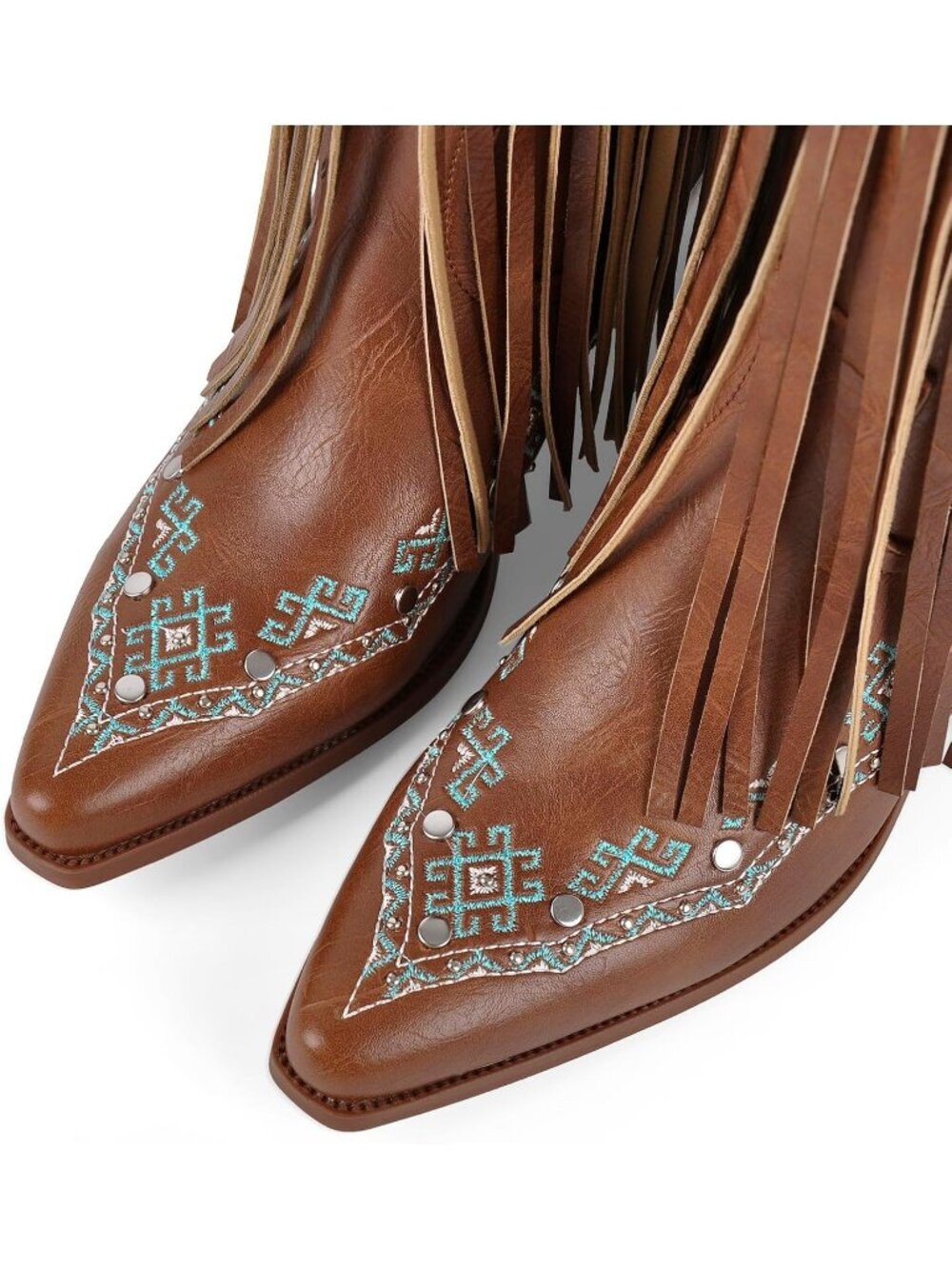 Women's Brown Fringe Mid Calf Boots with Rivets Embroidered - Picture 6 of 6